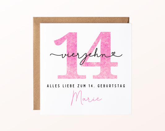 14. Geburtstag – Karte mit Beispielnamen und Umschlag