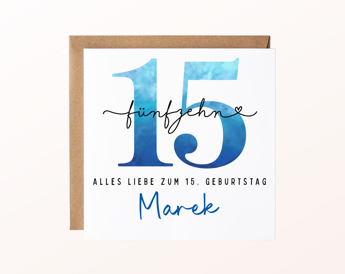 15. Geburtstag – Karte mit Beispielnamen und Umschlag