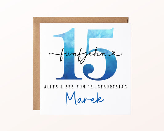 15. Geburtstag – Karte mit Beispielnamen und Umschlag