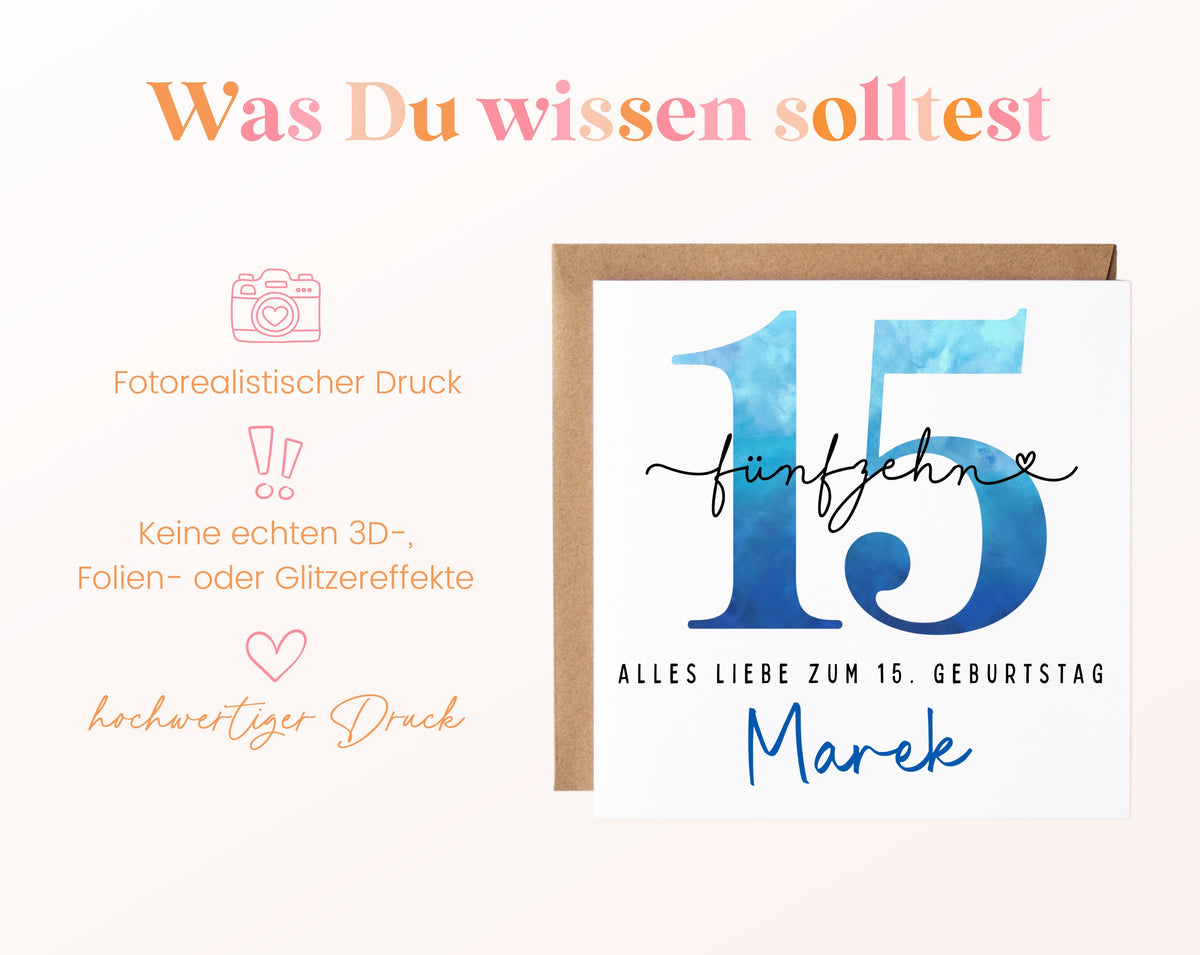 15. Geburtstag – Hinweise zur gedruckten Karte