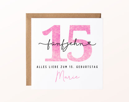 15. Geburtstag – Karte mit Beispielnamen und Umschlag