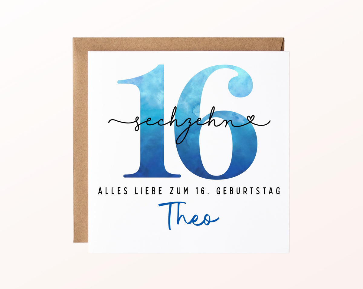 16. Geburtstag – Karte mit Beispielnamen und Umschlag