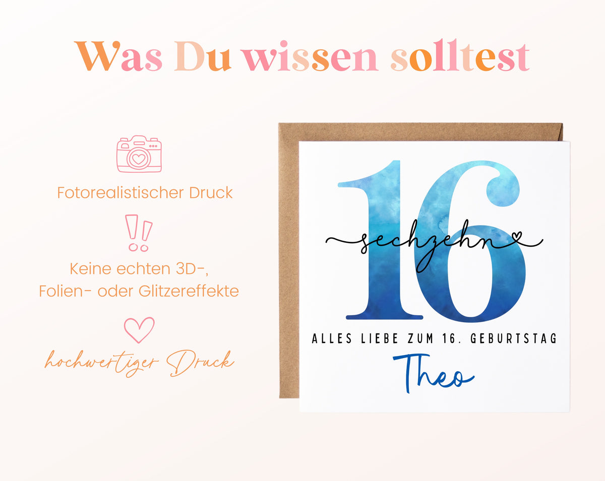 16. Geburtstag – Hinweise zur gedruckten Karte