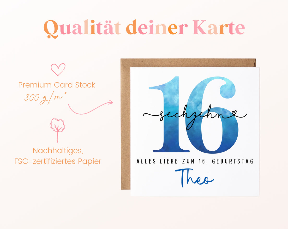 16. Geburtstag – Kartenpapier mit 300 g/m²