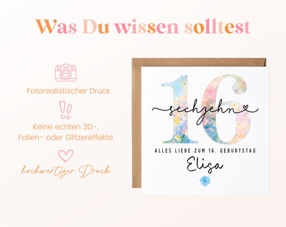 16. Geburtstag – Hinweise zur gedruckten Karte