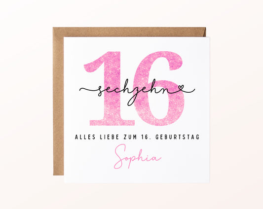 16. Geburtstag – Karte mit Beispielnamen und Umschlag