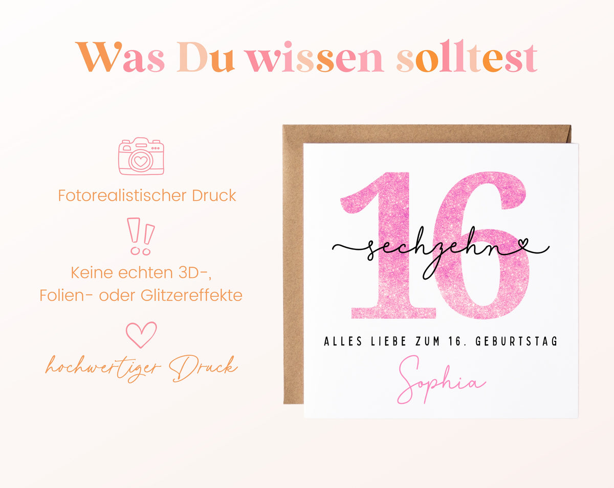 16. Geburtstag – Hinweise zur gedruckten Karte