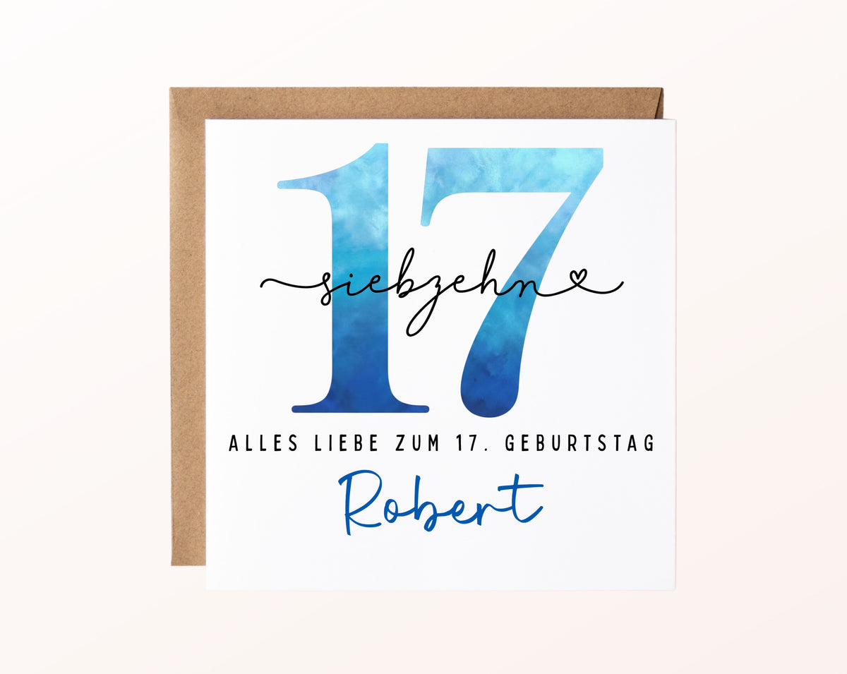 17. Geburtstag – Karte mit Beispielnamen und Umschlag