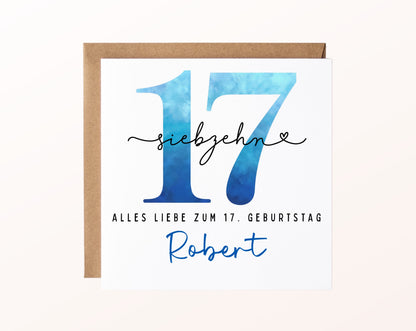 17. Geburtstag – Karte mit Beispielnamen und Umschlag