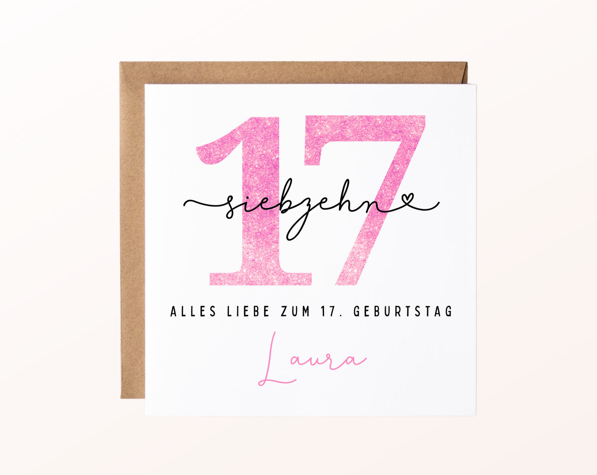 17. Geburtstag – Karte mit Beispielnamen und Umschlag