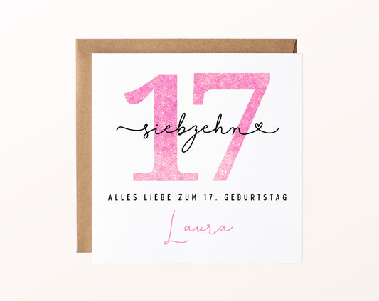 17. Geburtstag – Karte mit Beispielnamen und Umschlag