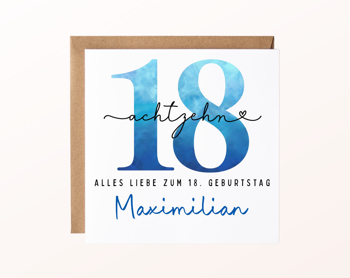 18. Geburtstag – Karte mit Beispielnamen und Umschlag
