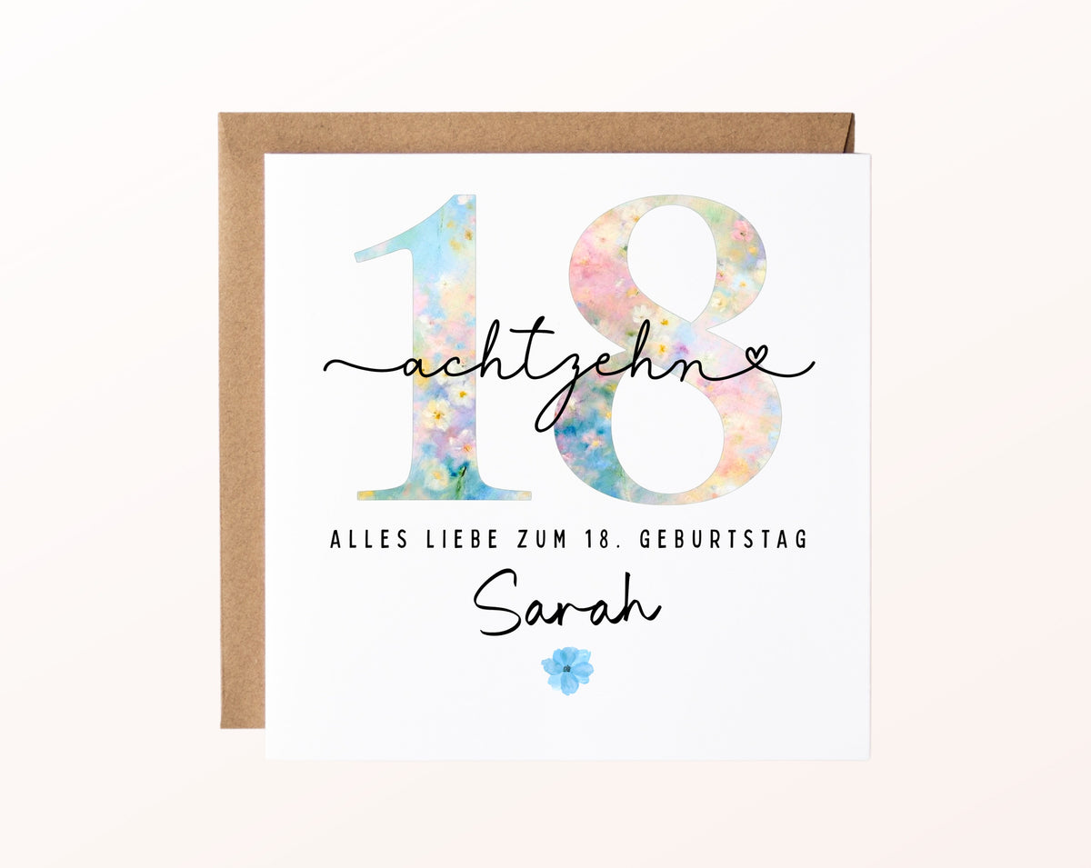 18. Geburtstag – Karte mit Beispielnamen und Umschlag