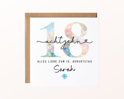 18. Geburtstag – Karte mit Beispielnamen und Umschlag