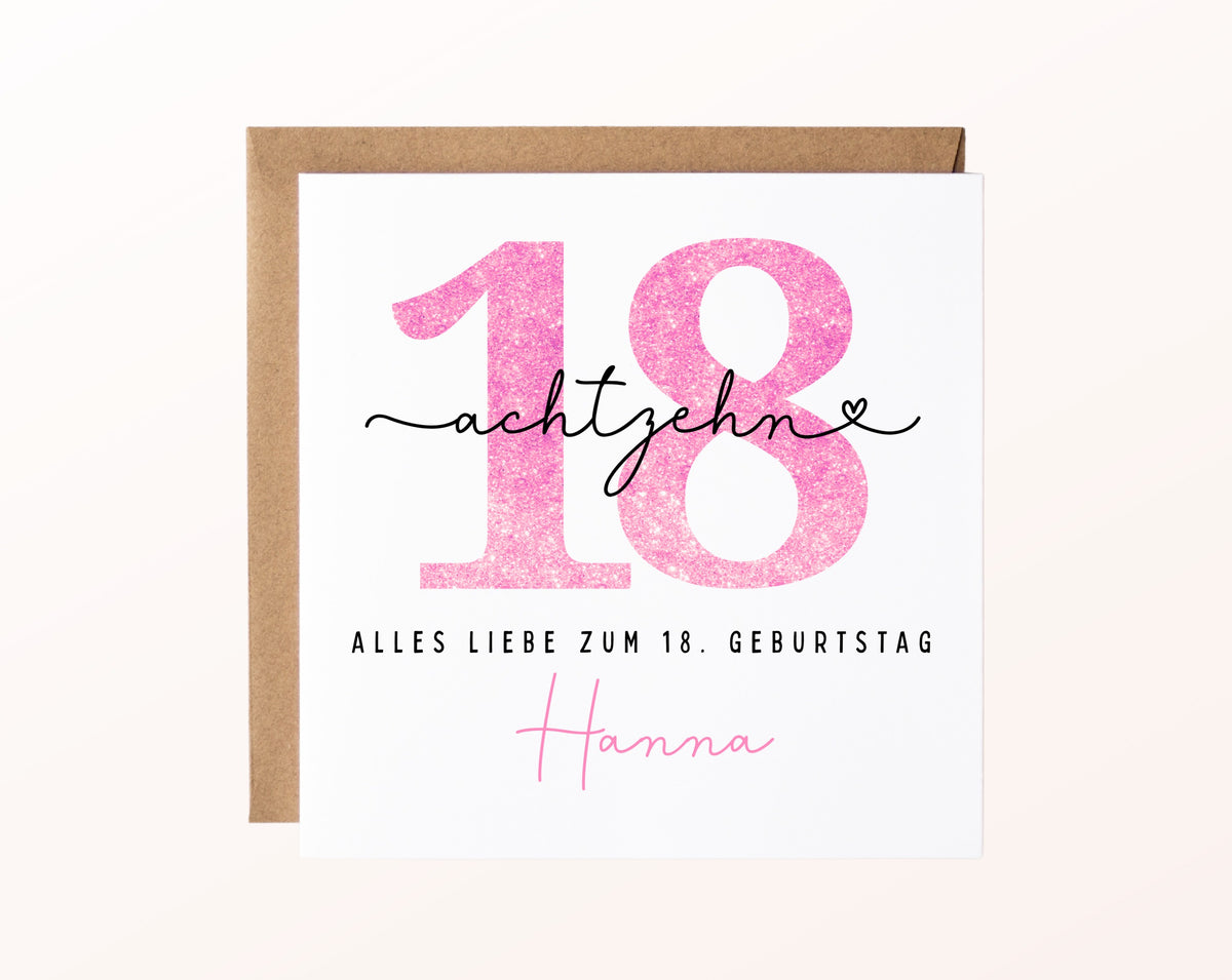 18. Geburtstag – Karte mit Beispielnamen und Umschlag