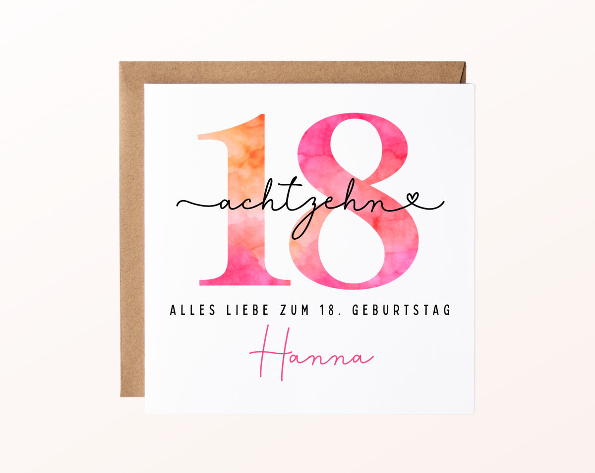 18. Geburtstag – Karte mit Beispielnamen und Umschlag