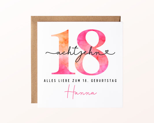 18. Geburtstag – Karte mit Beispielnamen und Umschlag