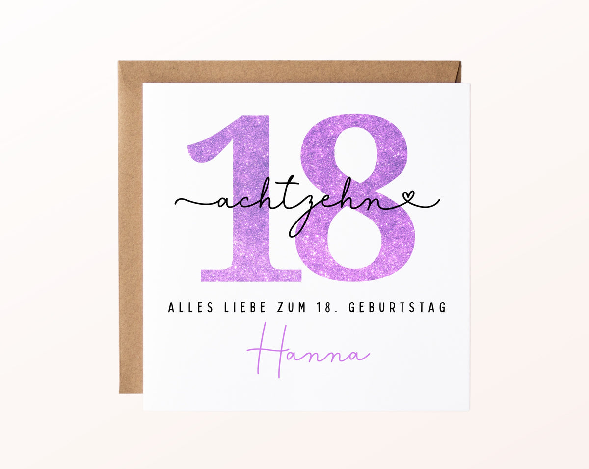 18. Geburtstag – Karte mit Beispielnamen und Umschlag