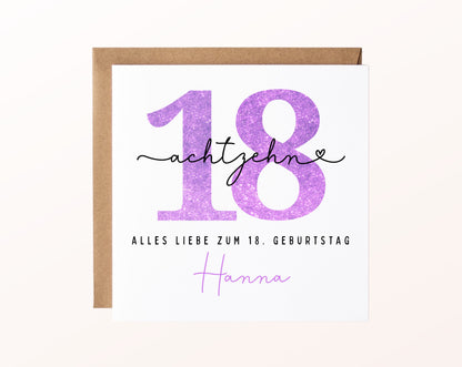 18. Geburtstag – Karte mit Beispielnamen und Umschlag
