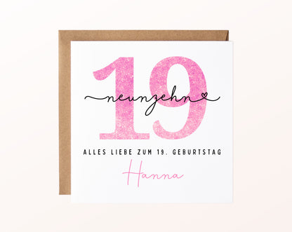 19. Geburtstag – Karte mit Beispielnamen und Umschlag