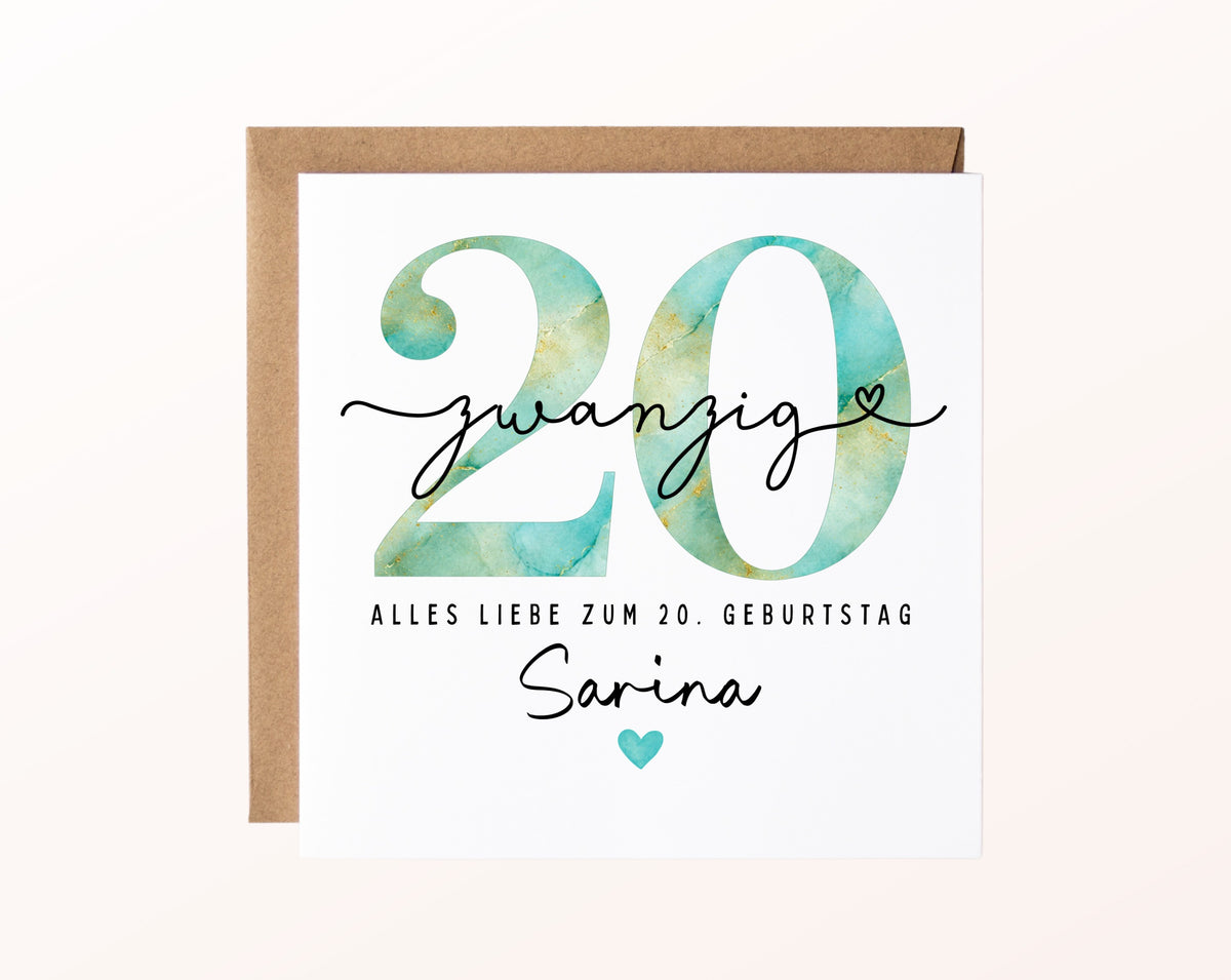 20. Geburtstag – Karte mit Beispielnamen und Umschlag