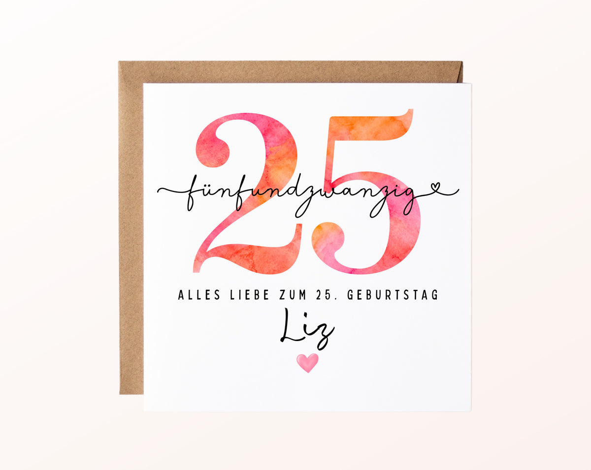 25. Geburtstag – Karte mit Beispielnamen und Umschlag