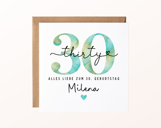 30. Geburtstag – Karte mit Beispielnamen und Umschlag