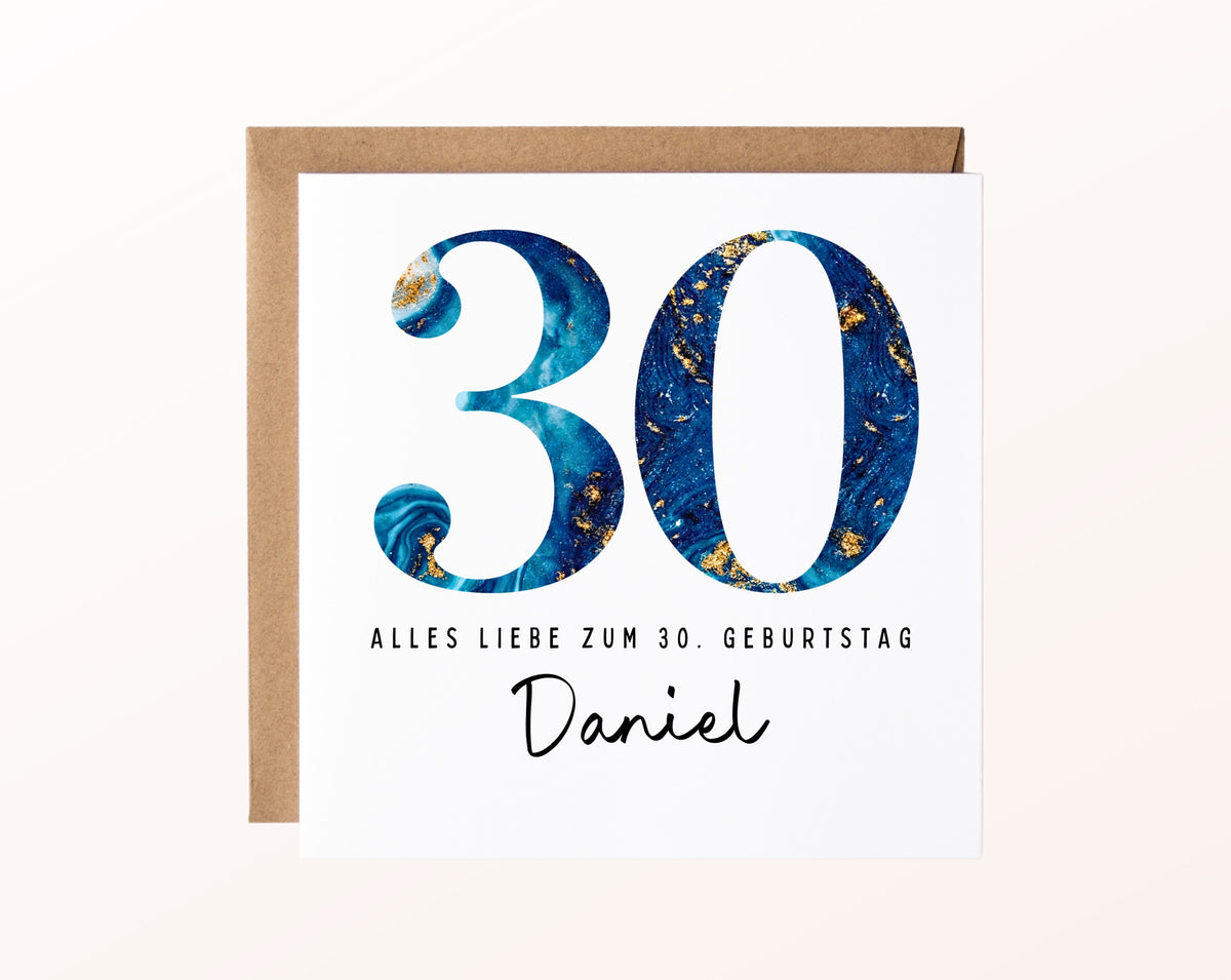 30. Geburtstag – Karte mit Beispielnamen und Umschlag