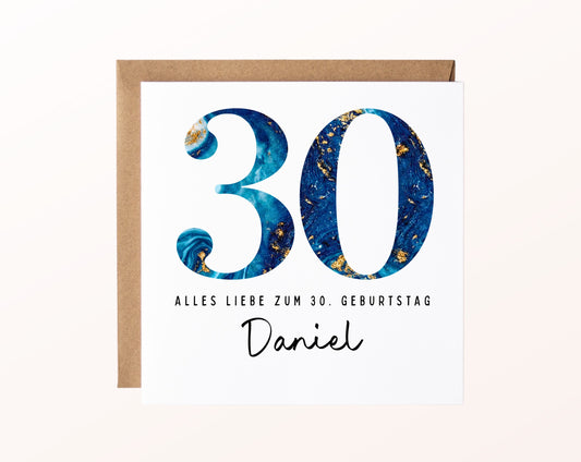 30. Geburtstag – Karte mit Beispielnamen und Umschlag