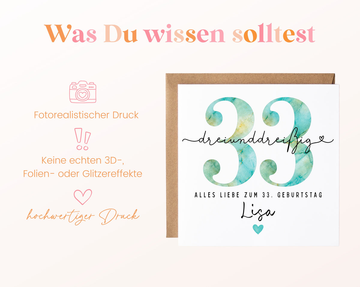 33. Geburtstag – Hinweise zur gedruckten Karte