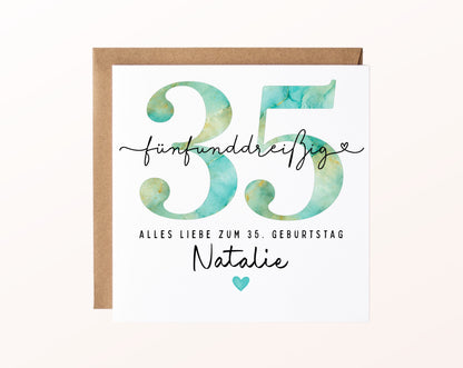 35. Geburtstag – Karte mit Beispielnamen und Umschlag