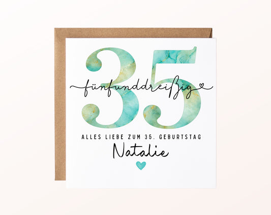 35. Geburtstag – Karte mit Beispielnamen und Umschlag