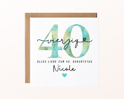 40. Geburtstag – Karte mit Beispielnamen und Umschlag