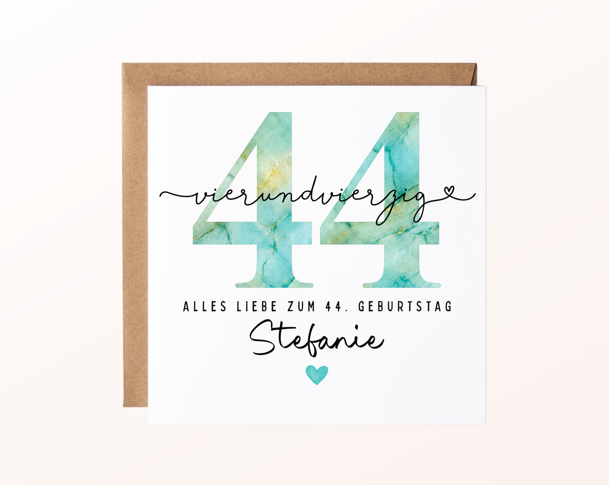44. Geburtstag – Karte mit Beispielnamen und Umschlag