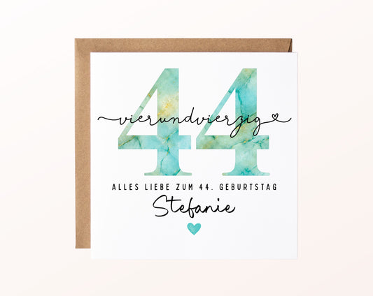 44. Geburtstag – Karte mit Beispielnamen und Umschlag