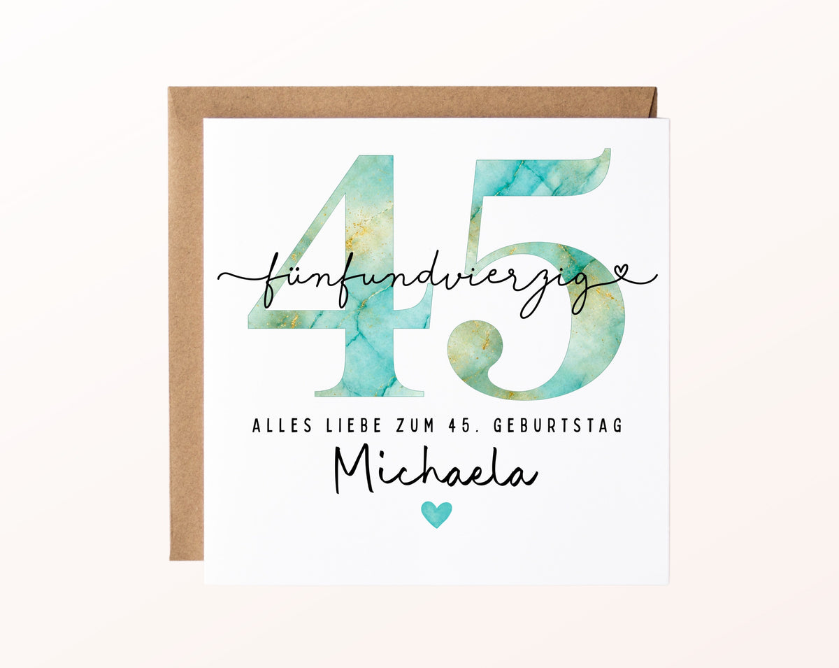 45. Geburtstag – Karte mit Beispielnamen und Umschlag
