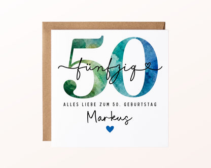 50. Geburtstag – Karte mit Beispielnamen und Umschlag