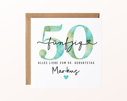 50. Geburtstag – Karte mit Beispielnamen und Umschlag