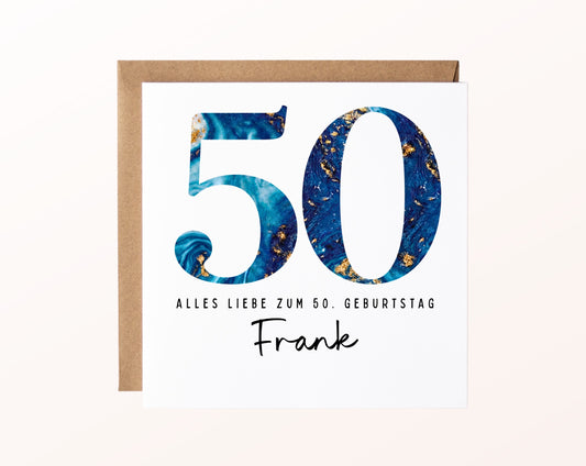 50. Geburtstag – Karte mit Beispielnamen und Umschlag