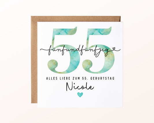 55. Geburtstag – Karte mit Beispielnamen und Umschlag