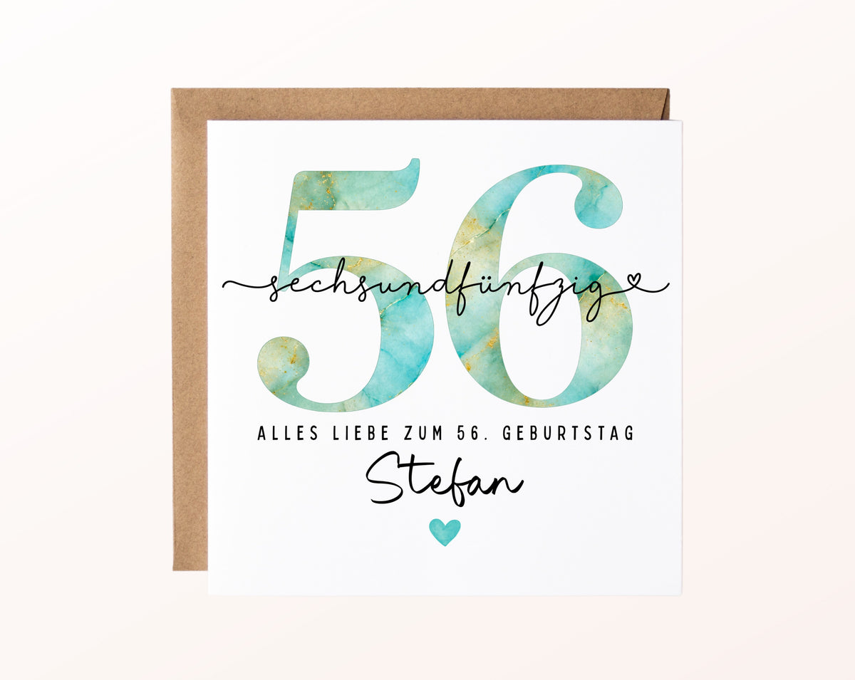 56. Geburtstag – Karte mit Beispielnamen und Umschlag
