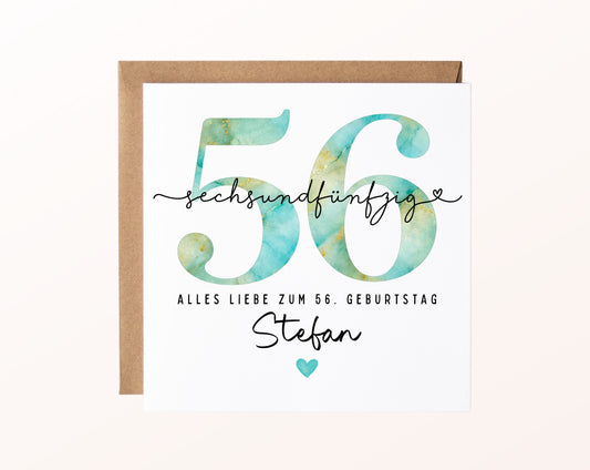 56. Geburtstag – Karte mit Beispielnamen und Umschlag
