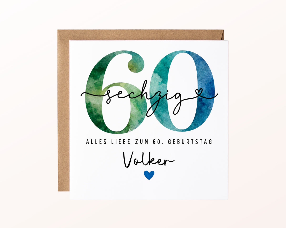 60. Geburtstag – Karte mit Beispielnamen und Umschlag