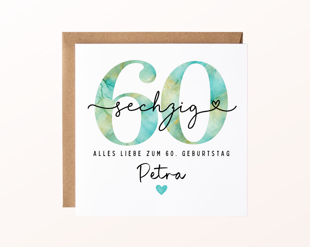 60. Geburtstag – Karte mit Beispielnamen und Umschlag
