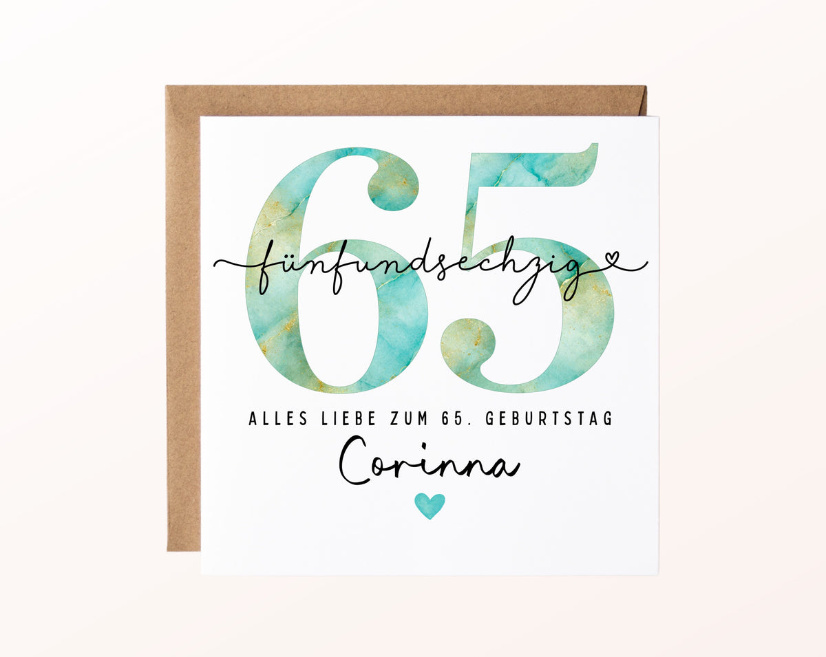 65. Geburtstag – Karte mit Beispielnamen und Umschlag