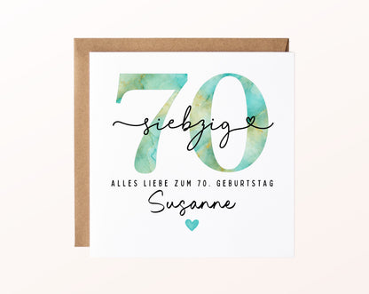 70. Geburtstag – Karte mit Beispielnamen und Umschlag