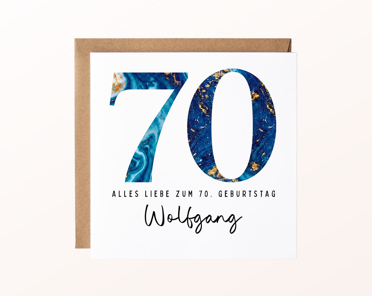 70. Geburtstag – Karte mit Beispielnamen und Umschlag