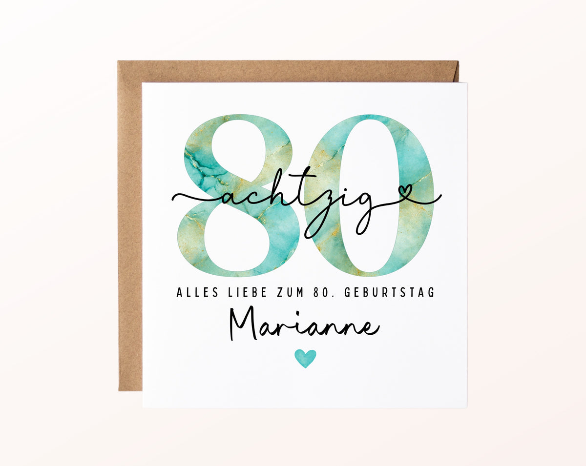 80. Geburtstag – Karte mit Beispielnamen und Umschlag