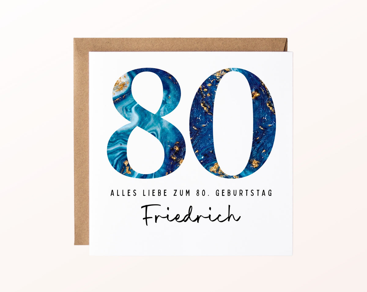 80. Geburtstag – Karte mit Beispielnamen und Umschlag