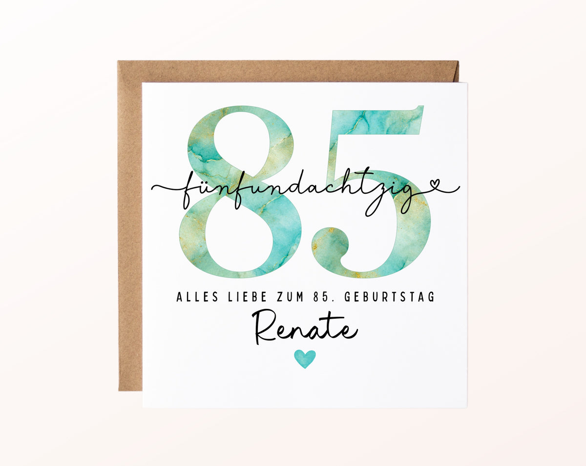 85. Geburtstag – Karte mit Beispielnamen und Umschlag